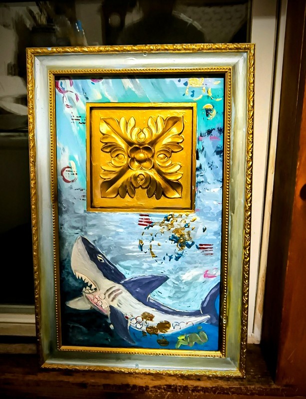 14 By 22 Inch Acrylic Shark Painting On Canvas Framed