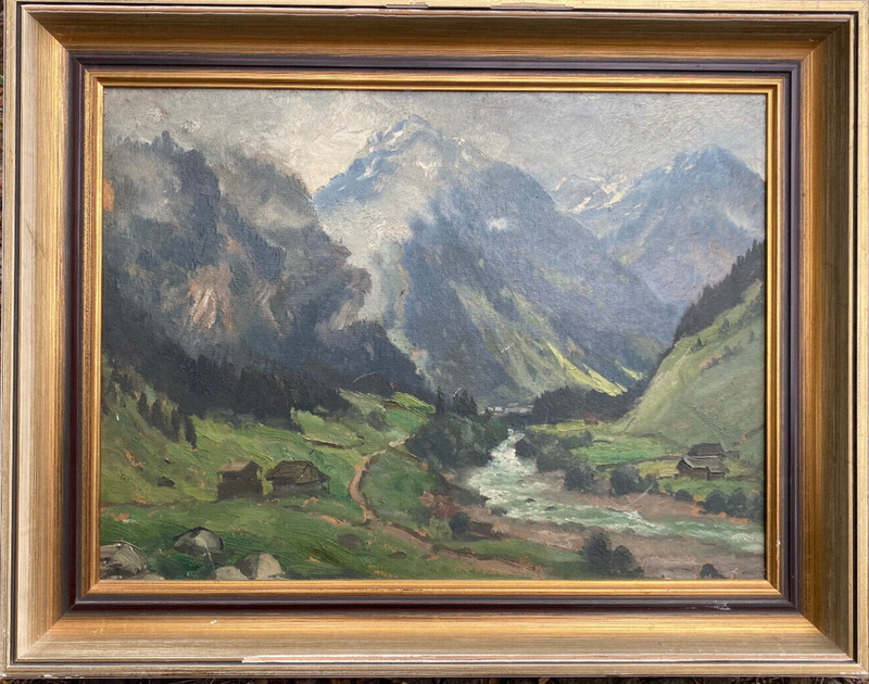 ::BERGE FLUSS HÜTTEN WALD BEWÖLKT FELSEN WEGE TAL ÖL GEMÄLDE