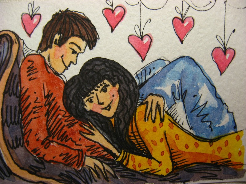 Original Handmade Painting Valentine Heart Love Couple Young ACEO 2.5″ x 3.5″