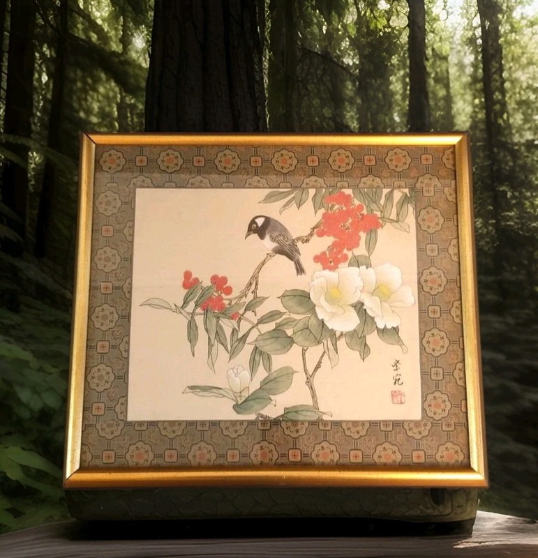 Vintage Chinese SILK PAINTING Textile Border Bird Tree Flowers 17x15 Gold Frame gallery