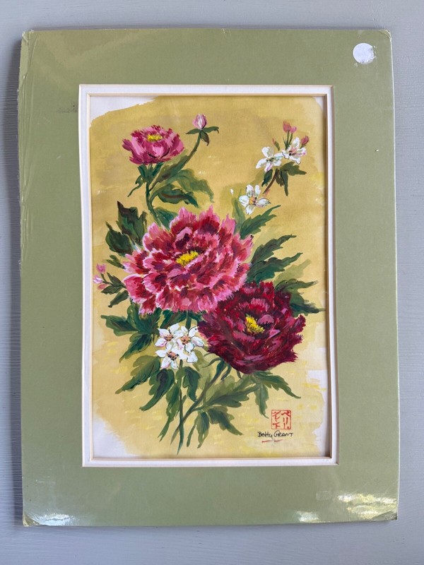 Vintage Betty Grant Pink Flowers Floral Painting Bellevue NE Nebraska Matted