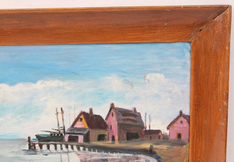 Vintage 1959 Oil Painting 15x23 Lone Harbor Village Nautical Ocean Folk Art gallery