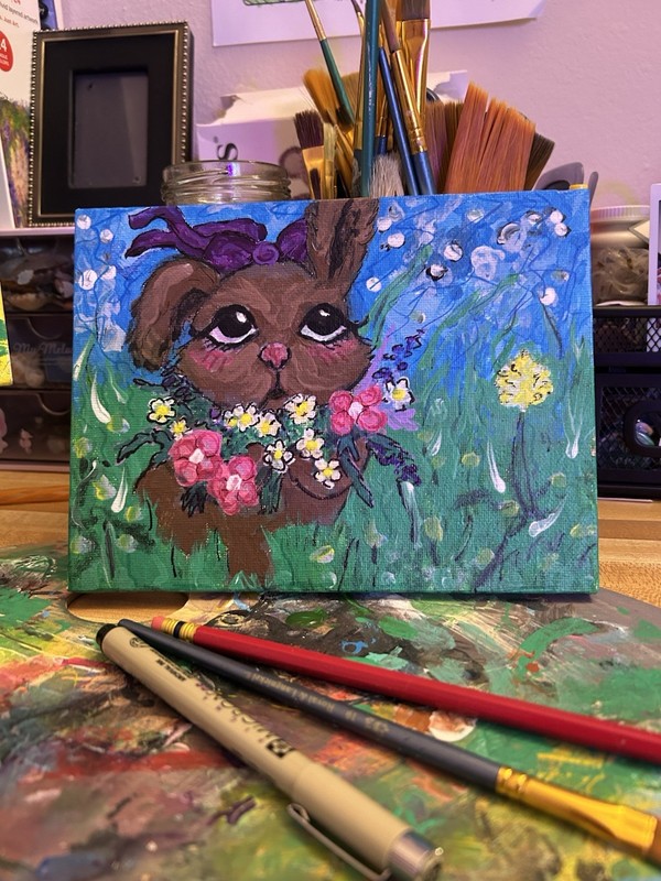 Whimsical Floral Bunny Painting Made W/ Acrylic Paint On Canvas 6×8 Inches