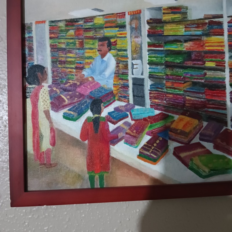 Signed Mark Algar,Rich Bold Multi Color Art. School Supply Shop India Wt People. gallery