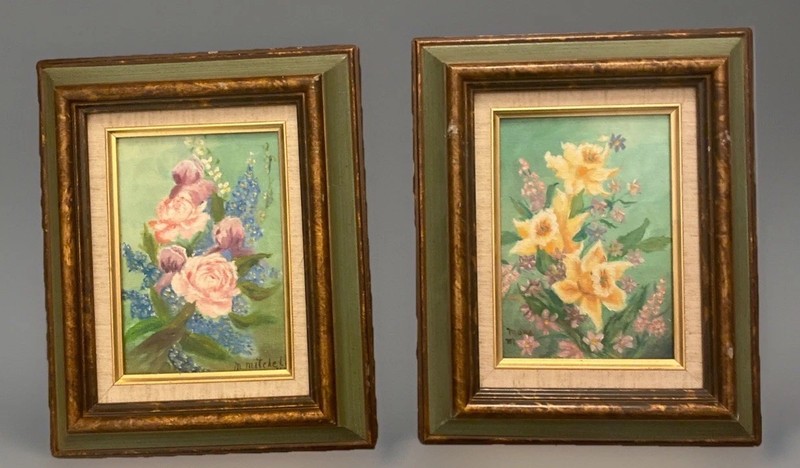 VTG 1960’s Still Life Floral Oil Paintings in Green Gold Frames 11” X 9” Set
