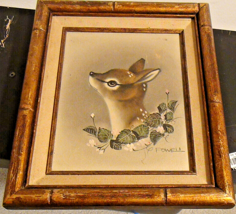Vintage Fawn Painting Bronze Bamboo Framed Signed Powell 8 x 10