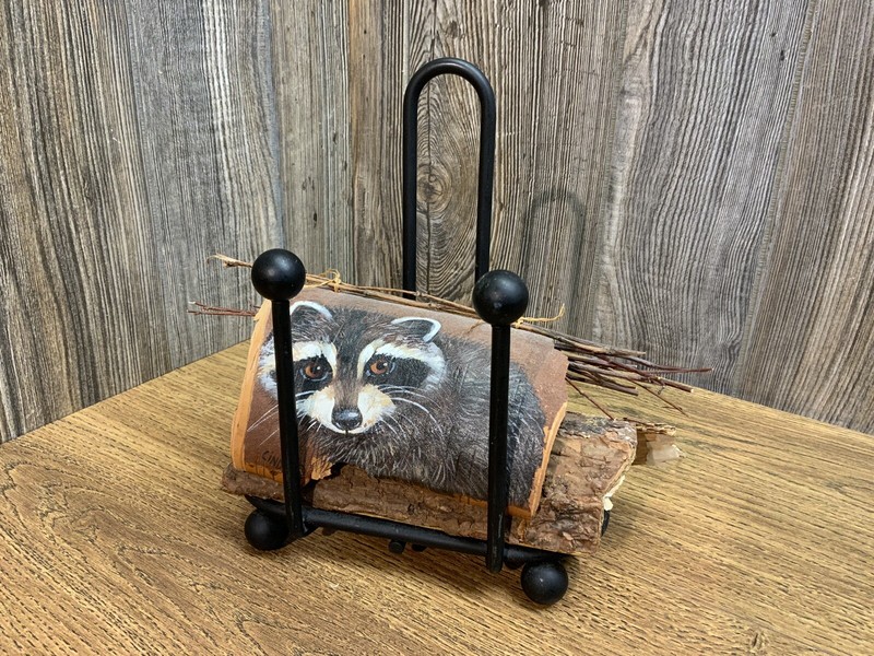Vintage Racoon Painting on Tiny Log in Log Rack by Artist Cindy CUTE!! L7