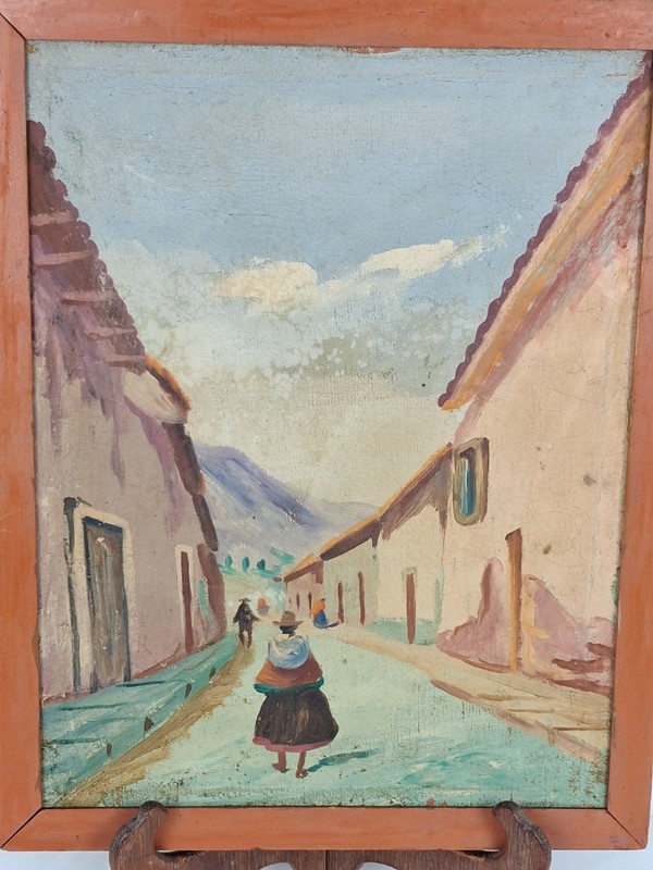 VTG Peruvian Street Scene Oil on Canvas 8.75" x 11.5" Framed Unsigned Folk Art gallery