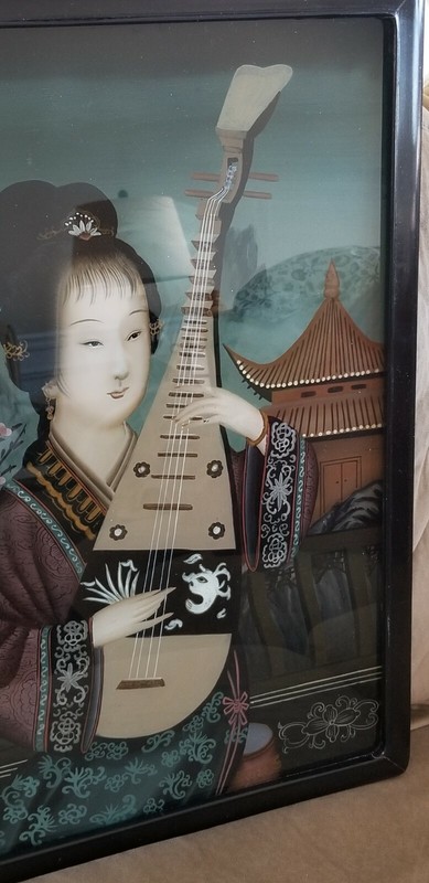 Reverse Glass Painting Portrait Oriental 1940s Wood Frame Vintage Chinese gallery