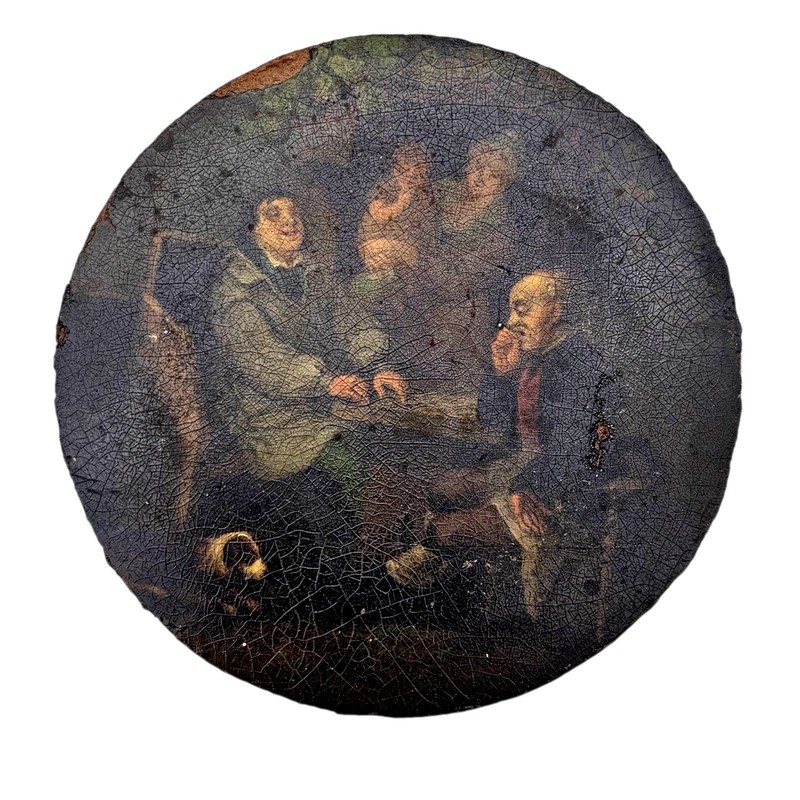 French Old Master Style Oil Painting Round Cabinet Panel Tavern Scene “Le Jeu" gallery