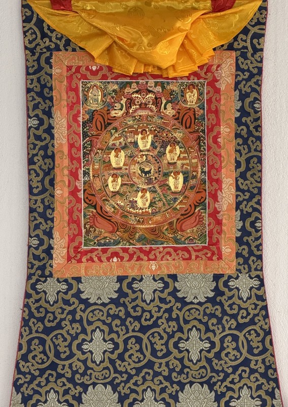 WHEEL OF LIFE BUDDHA MANDALA ORIGINAL TIBETAN THANGKA PAINTING WITH SILK BROCADE gallery