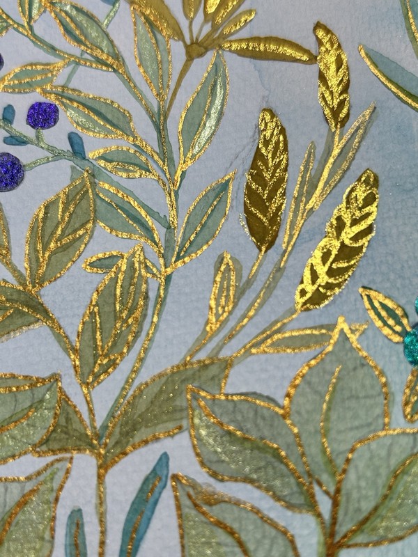 Watercolor Painting Botanical Flowers Leaves Floral Art Shimmer Gold Berries gallery