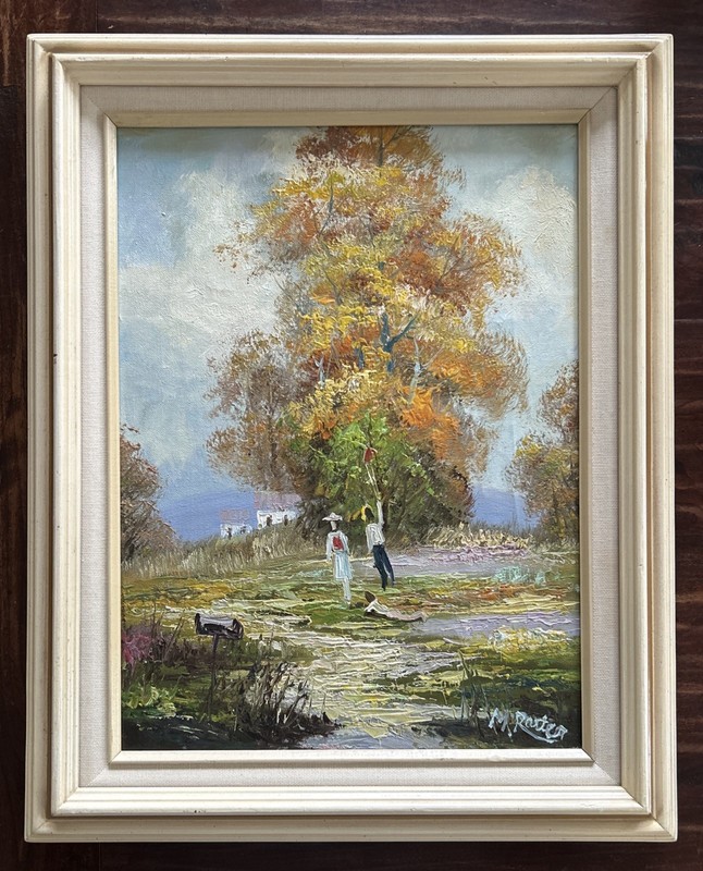 Vintage Mid Century Oil On Canvas; Autumn Kite Flying; Signed M. Rarter(?) 16×21