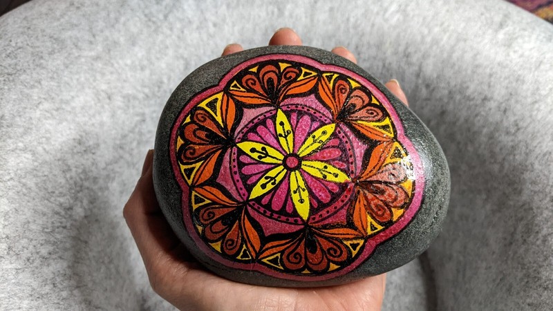 Hand Painted Rock / Stone – mandala red orange yellow pink warm colors