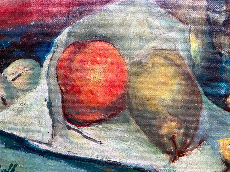 ::OIL PAINTING SIGN. MAINSCHALL STILL LIFE FRUIT WITH PITCHER PEAR APPLE NUTS gallery