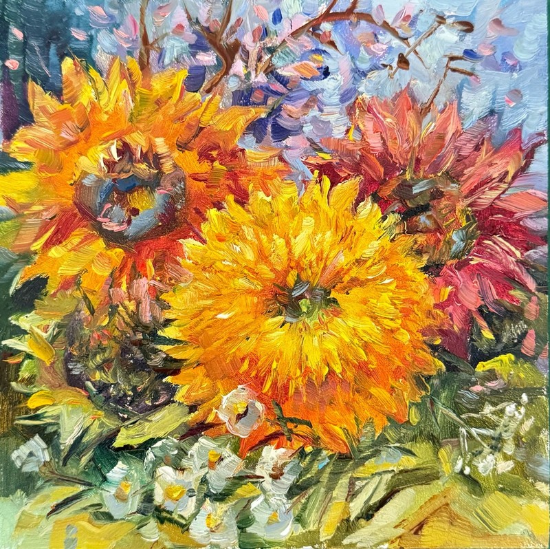 Dahlias Painting Sunflowers Original Small Flower Oil Painting Housewarming Gift