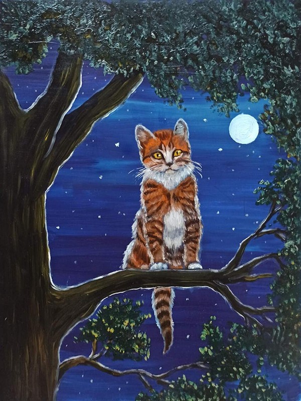 Original Painting Cat on Tree Night Landscape Hand Painted Art Forest Moon