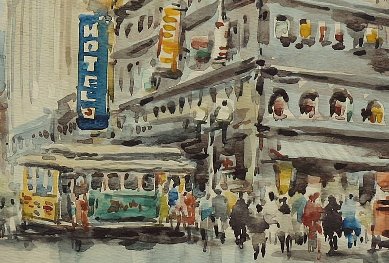 YING SUN-Chinese/CA Impressionist-Original Signed WC-Old San Francisco Street 2 gallery