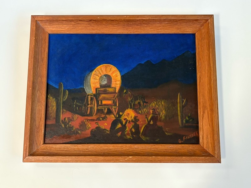 Fawcett Vintage Arizona Landscape Painting Western Cowboy Stage Coach Antique