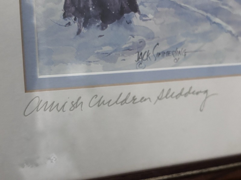 Jack Simmering Original Watercolor Painting Amish Children Sledding Signed Frame gallery
