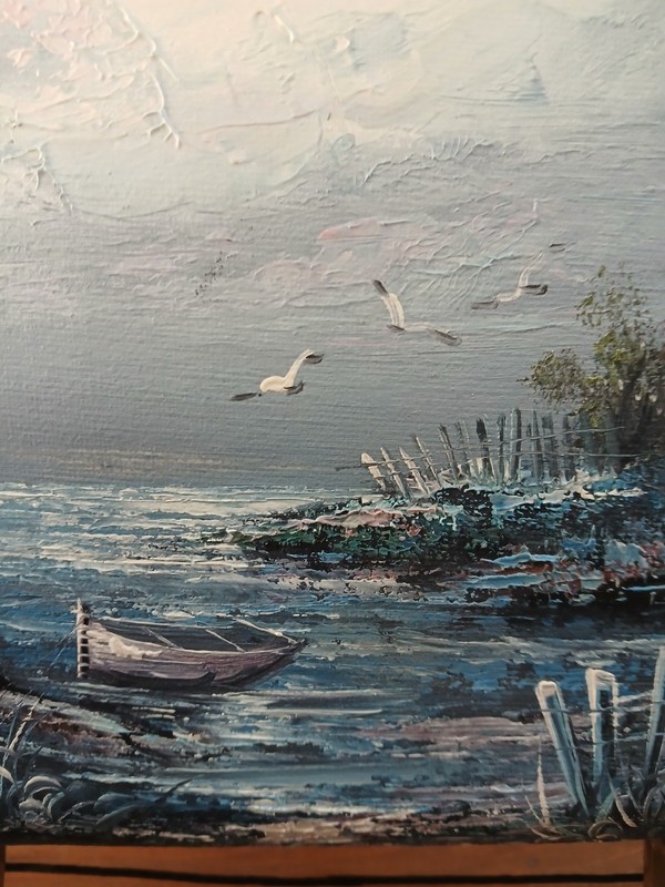 Lighthouse Everett Woodson 7.5" x 9" Oil Painting Seacoast Boat Gull Frameless gallery