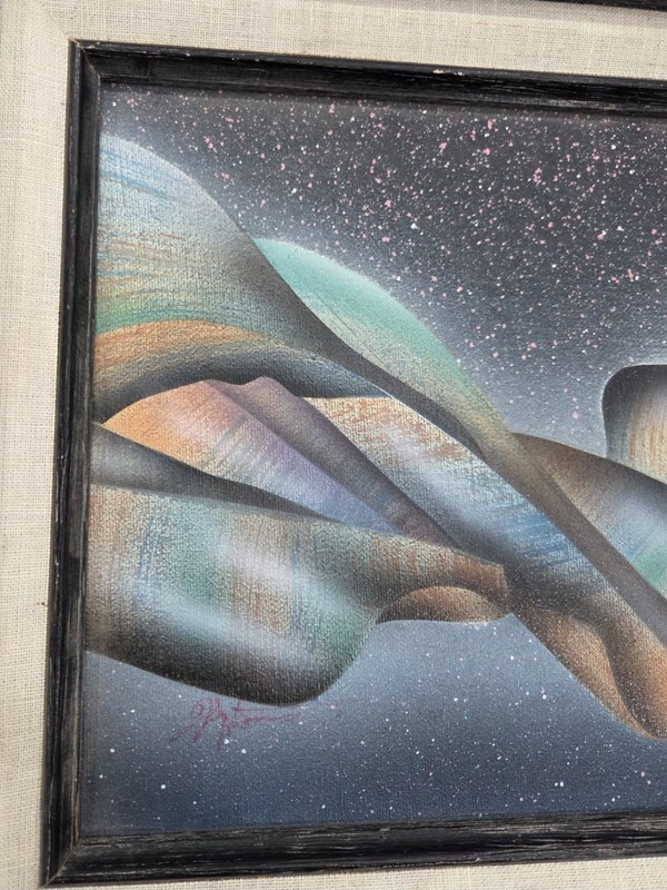 Futurist Style Vintage Framed Original Painting on Wood Board Signed Kingston gallery