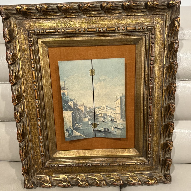 Framed Seaside Town Boats Picture Painting Signed A. B Rossini 20”x22” Vintage