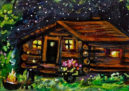 ACEO Original PAINTING Summer CABIN Flowers Fire Night Stars Landscape ATC ART