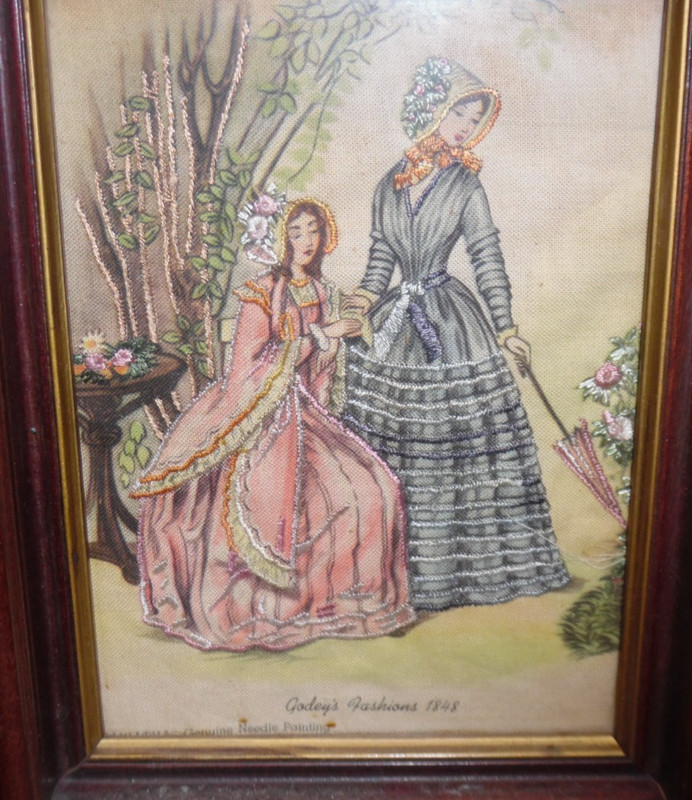 Antique Framed Hiawatha Needlepoint Needle Painting Godey Fashions Pictures 1848 gallery