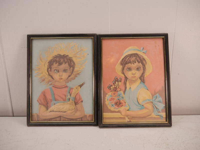 VTG MCM Paint By Number Farm Kids Boy Girl BIG EYES Set of 2