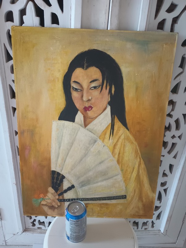 Vintage Original Oil Painting Portrait Asian Woman with Fan, Signed 24″X18″