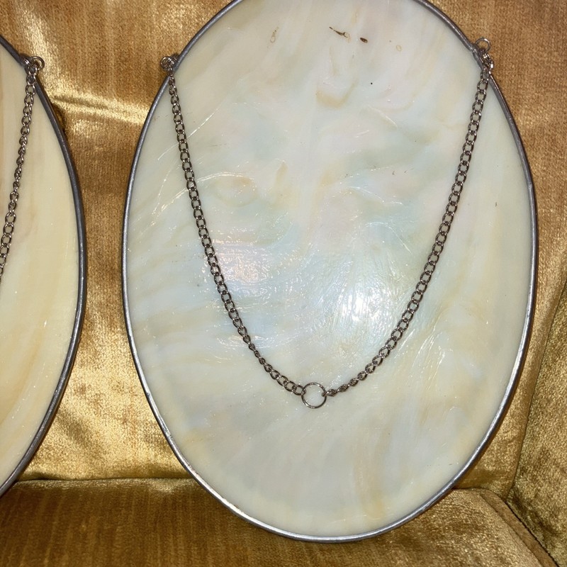 Set /2 - 40's Hand Painted Flowers In Vase On Oval Slag Glass Frame With Chain gallery