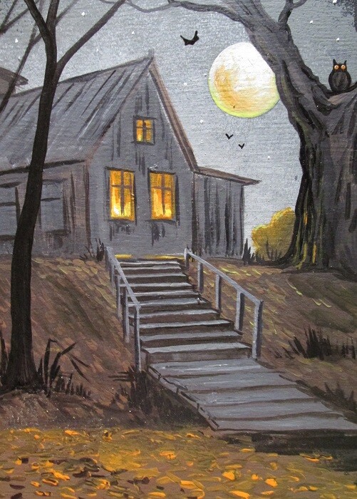 ACEO PRINT OF PAINTING RYTA HALLOWEEN HAUNTED HOUSE BLACK CAT SALEM MOON ART BAT