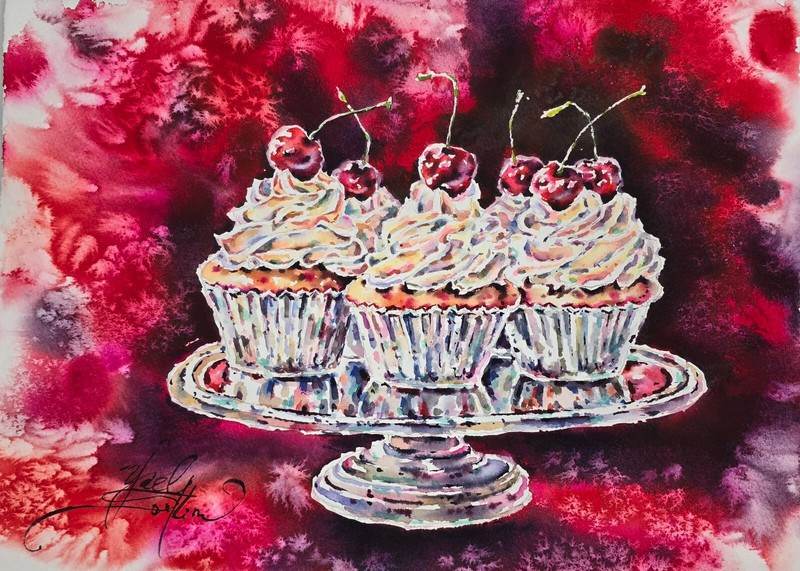 Original Watercolor Cherry Cupcake Painting, Dessert Food Wall Art, 11″x15″