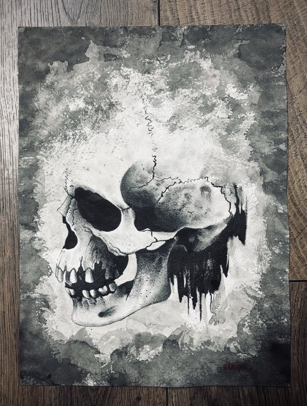 Original Skull Painting – Black & Grey Ink Wash – Gothic Macabre Artwork