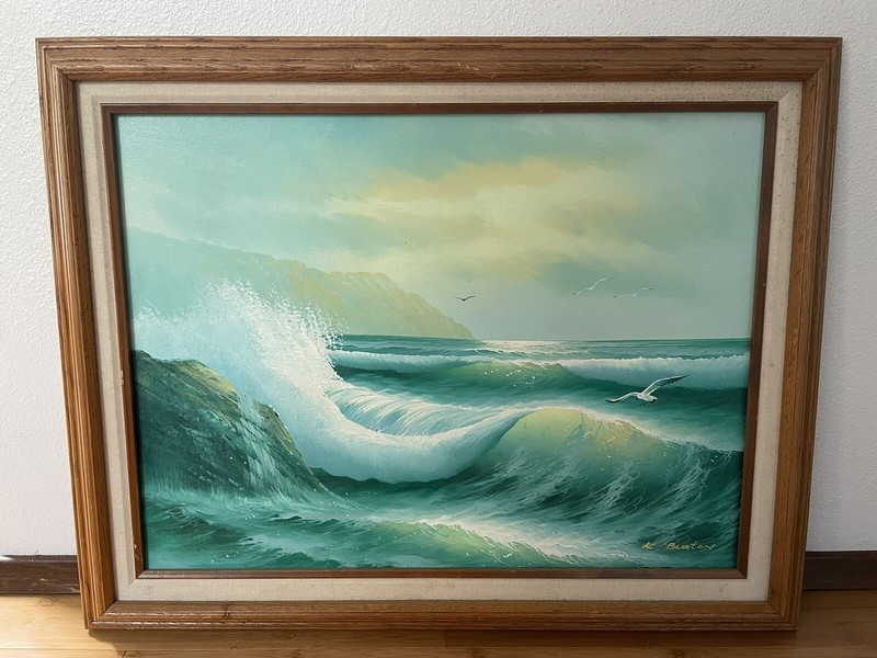 18 by 24 oil painting signed K. Burton Coast Waves Seagulls Ocean Cliff Framed