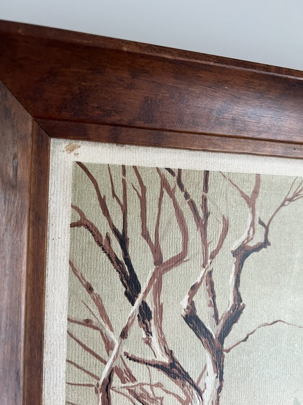 MCM James Bunnell Stylized Tree Mountain Nature Scene Art 32x13 Wood Frame READ gallery