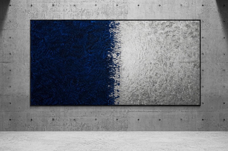 XXL Rothko Style Navy Blue Metallic Grey Textured Color Field Painting 59×30 in