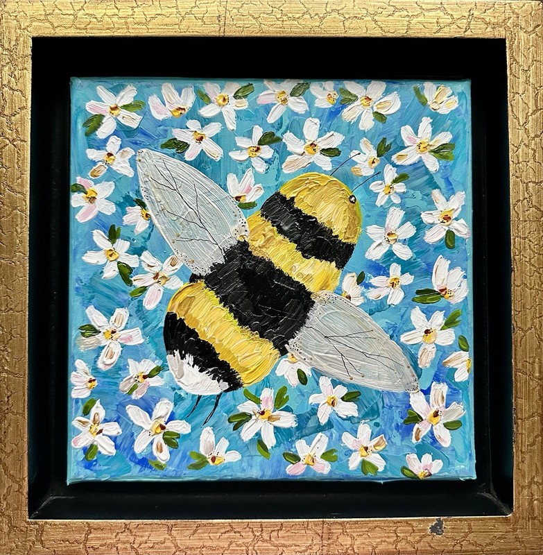 Original Acrylic Textured Canvas Painting Bumble Bee Flower Nature Art Framed