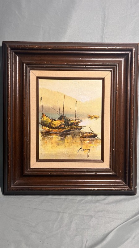 Oil Painting On Canvas by P. Wong. Boats In The Water Signed and Framed