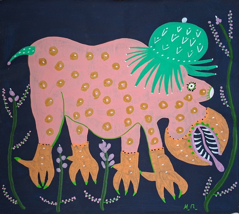 Maria Prymachenko Signed Ukrainian Folk Art Painting on Canvas - Rare Artwork