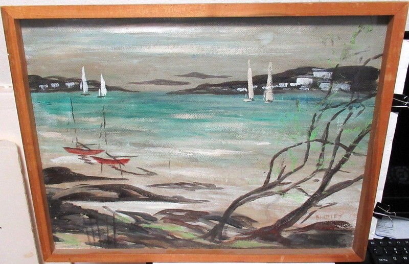 ALFRED BIRDSEY BERMUDA SAIL BOATS SCENE ORIGINAL OIL ON MASONITE PAINTING