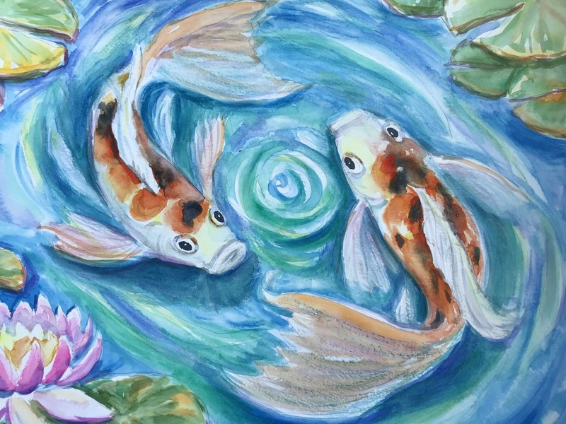 Dancing Koi Carp Fish, Lilly Wall Art. Original Watercolor 11,5" x 16,5" gallery
