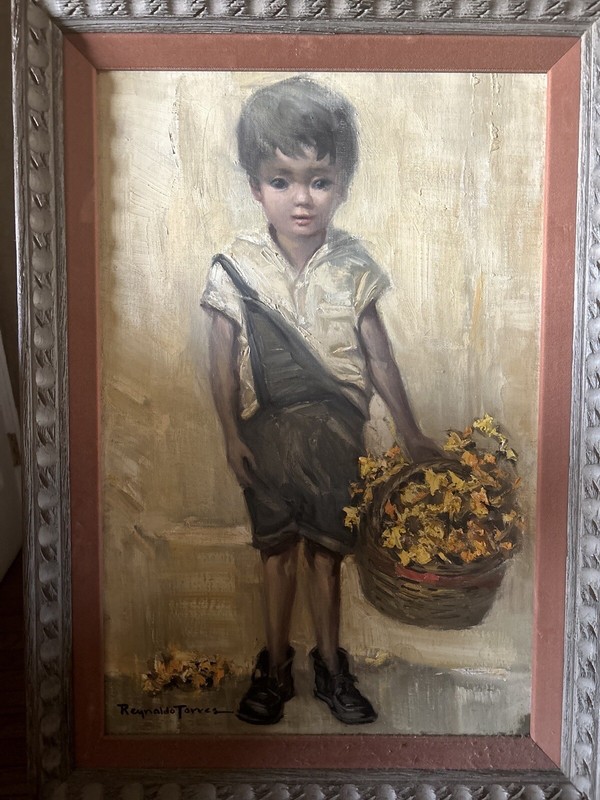 Mid Century Boy Portrait Oil on Canvas by Listed Mexican Artist Reynaldo Torres