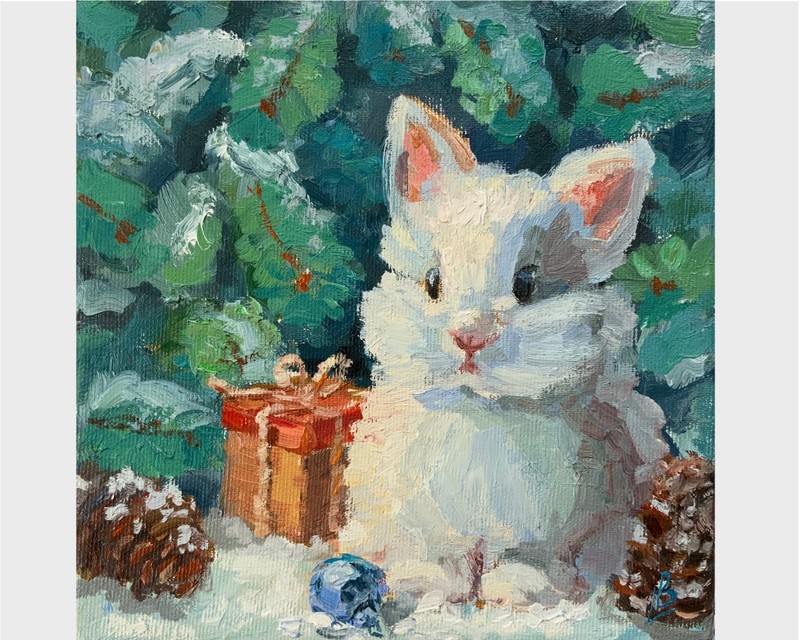 Christmas White Rabbit Original Oil Painting Gift for Kid 8×8 inc Elena Boyko