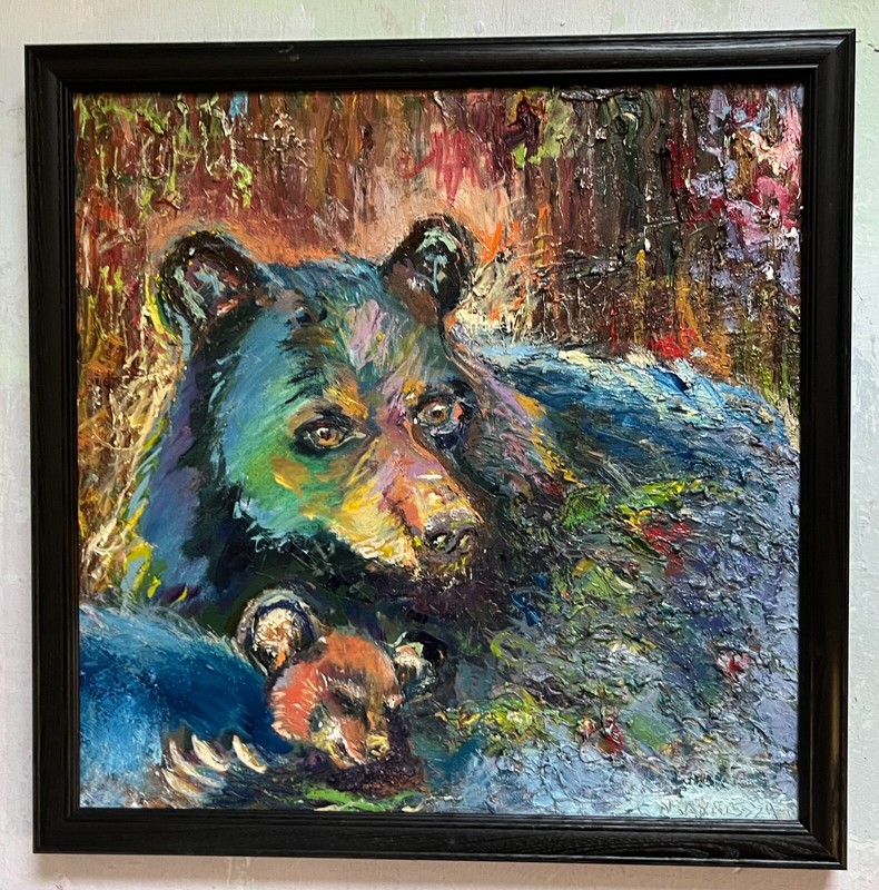 Mama Bear, Oil Painting, Animal Art, Frame, Black Cub, by Van Ness