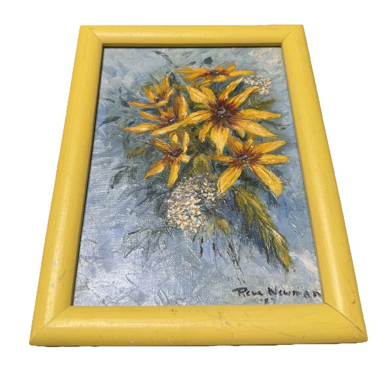 VTG 1987 Reva Newman Signed Oil Painting Set 2 Yellow Floral Flowers Framed gallery