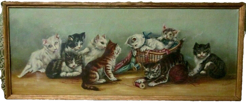 RARE ANTIQUE YARD LONG SIGNED 9 KITTEN / CAT PAINTING BY H. MICHAELS ESTATE FIND