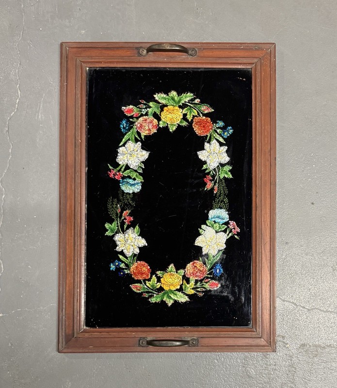 Antique Folk Art Tinsel Foil Reverse Artwork Floral Wreath Serving Tray Tabletop