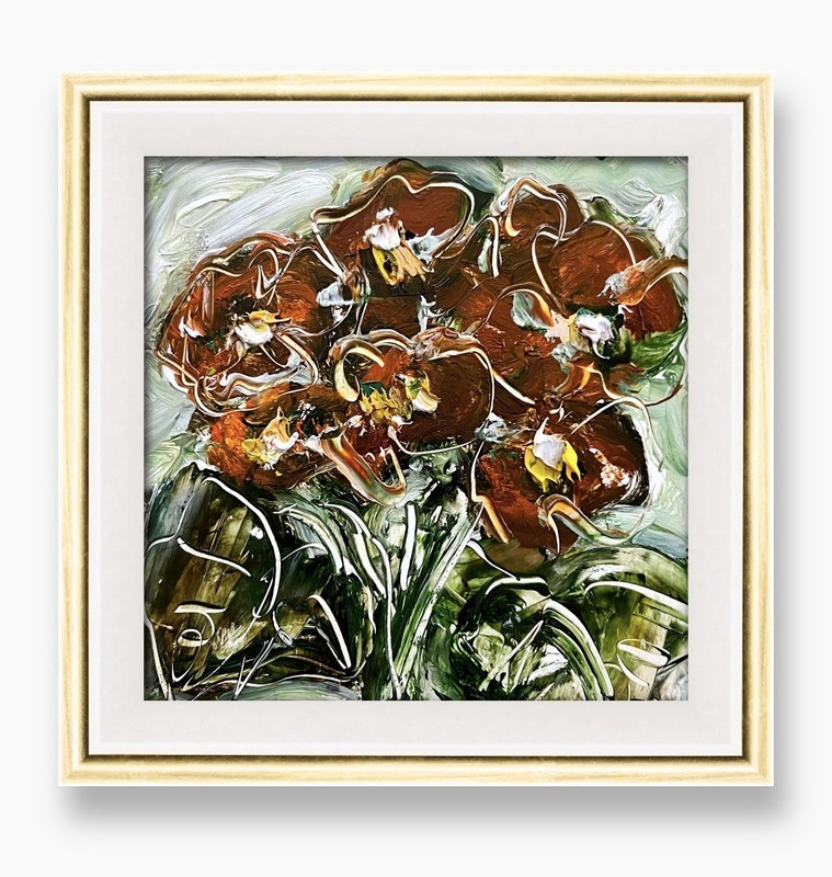 Framed Geraniums Art Semi Abstract Red Geranium Flowers Original Oil Painting 6”